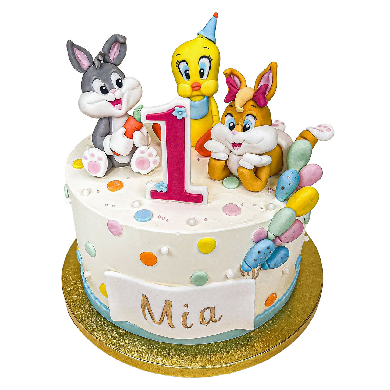 Tort na roczek z królikiem Bugsem, Tweety i postaciami bajkowymi