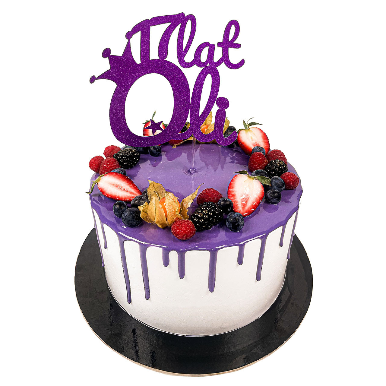 Tort z dekoracją owocową i topperem