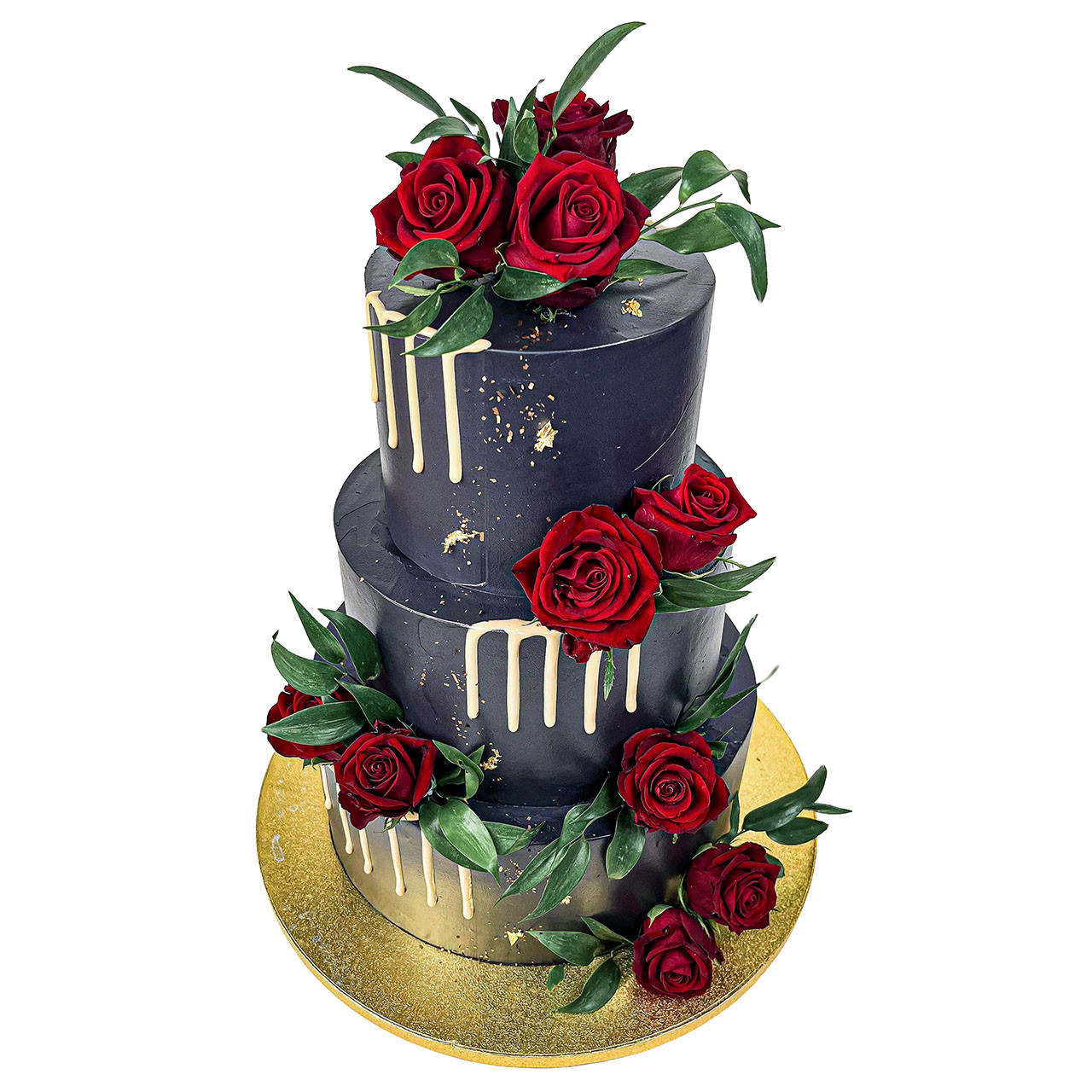 Tort trzypiętrowy czarny z dripem, złotem i kwiatami