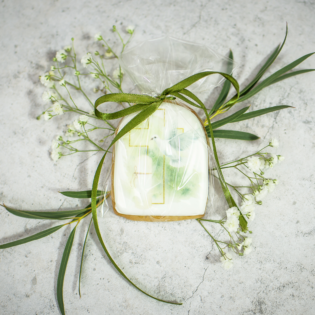 Podziękowania dla gości - zestaw 10 sztuk ciasteczek "Krzyż z gołębiem"